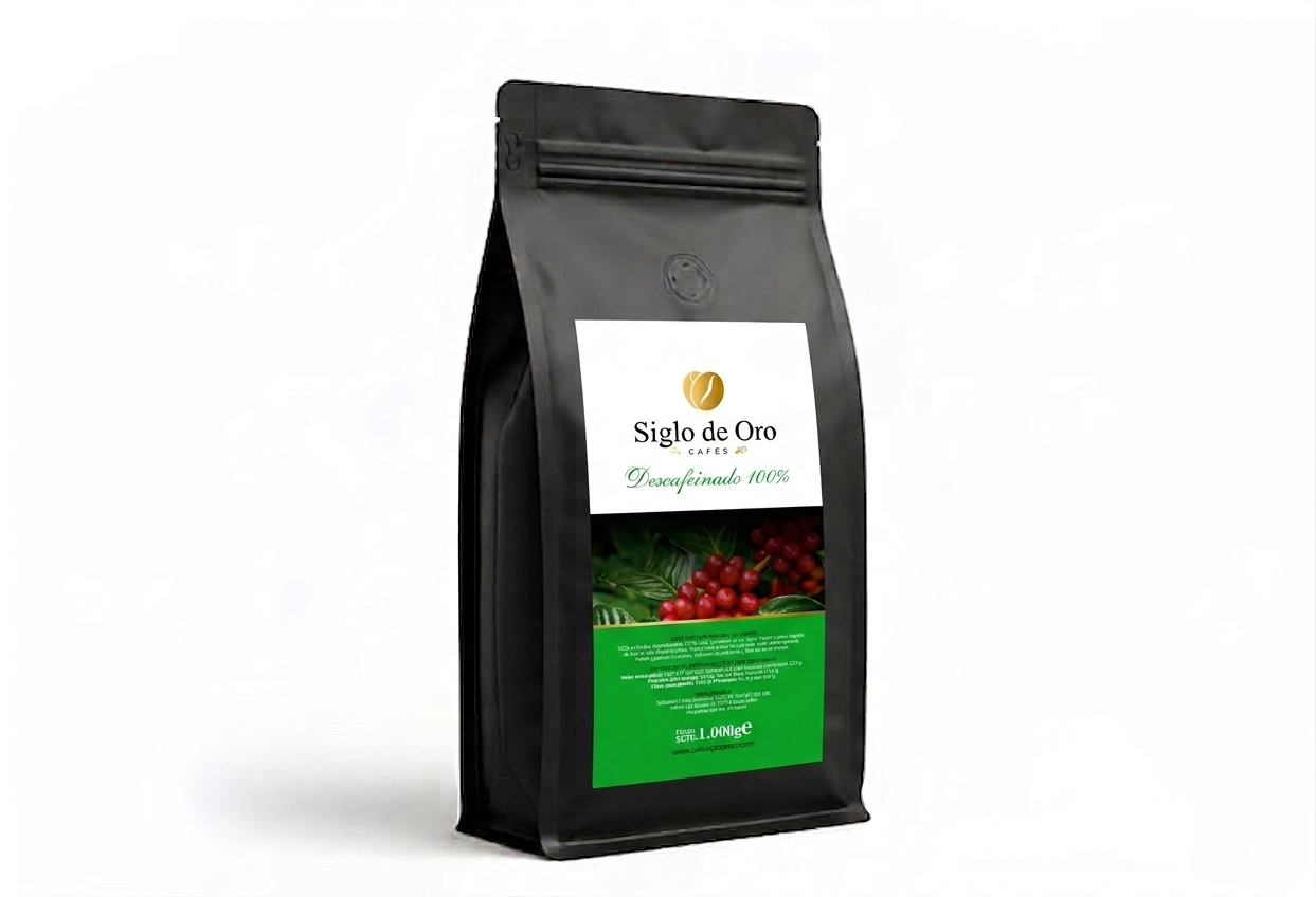 Siglo de Oro natural decaf whole bean coffee 1kg black bag